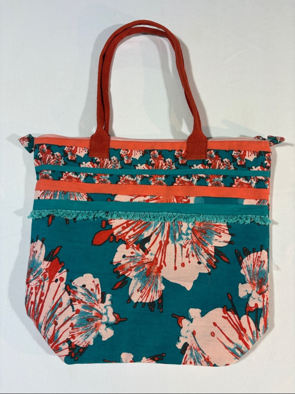 Canvas Tote Bag Teal and Coral Floral Zipper closure Lined NNT